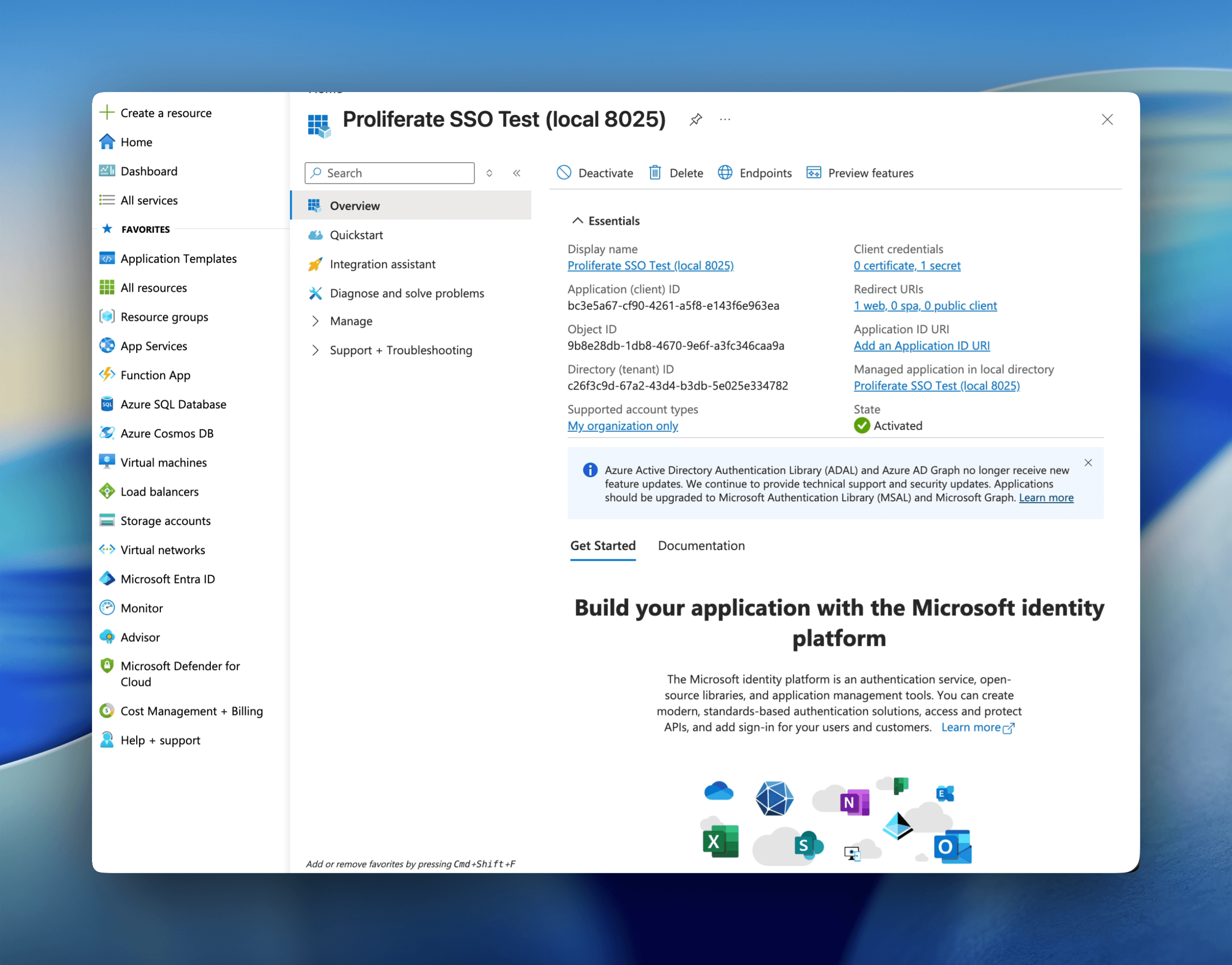 Entra app registration Overview showing Application (client) ID and Directory (tenant) ID